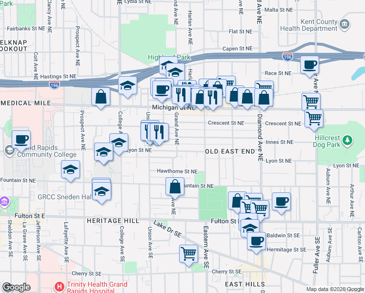 map of restaurants, bars, coffee shops, grocery stores, and more near 709 Lyon Street Northeast in Grand Rapids