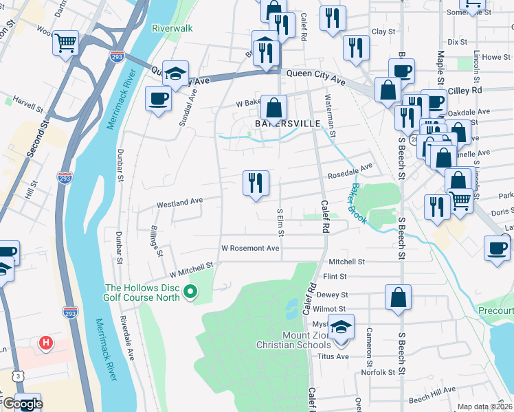 map of restaurants, bars, coffee shops, grocery stores, and more near 52 West Elmhurst Avenue in Manchester