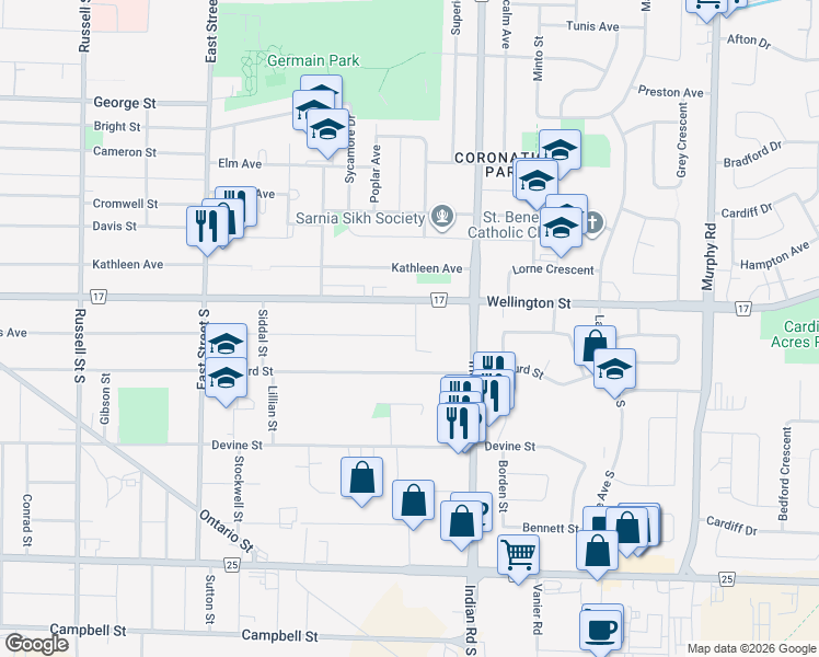 map of restaurants, bars, coffee shops, grocery stores, and more near 6 Carleton Place in Sarnia