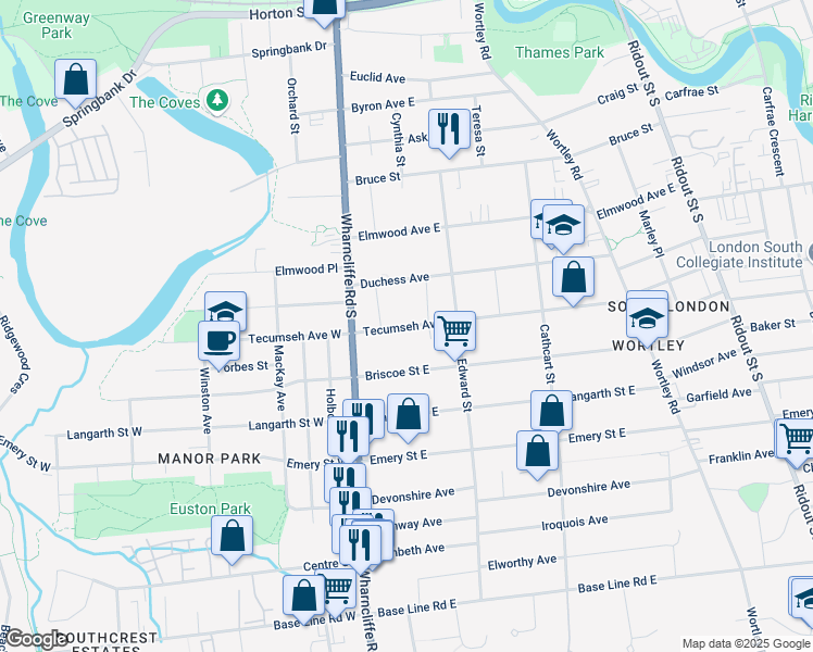 map of restaurants, bars, coffee shops, grocery stores, and more near 38 Tecumseh Ave E in London