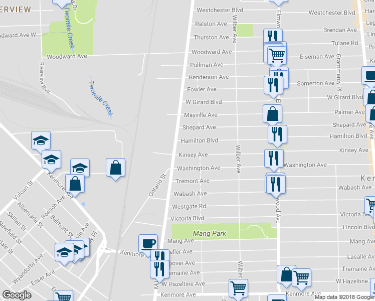 map of restaurants, bars, coffee shops, grocery stores, and more near 417 Kinsey Avenue in Buffalo