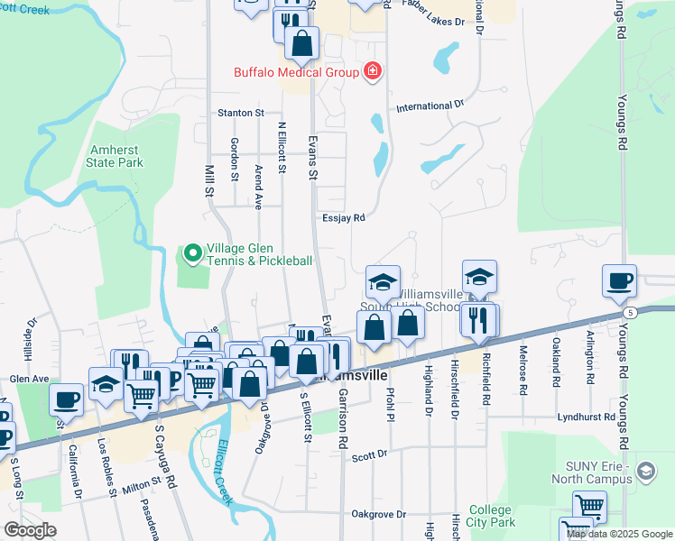 map of restaurants, bars, coffee shops, grocery stores, and more near 135 Evans Street in Williamsville