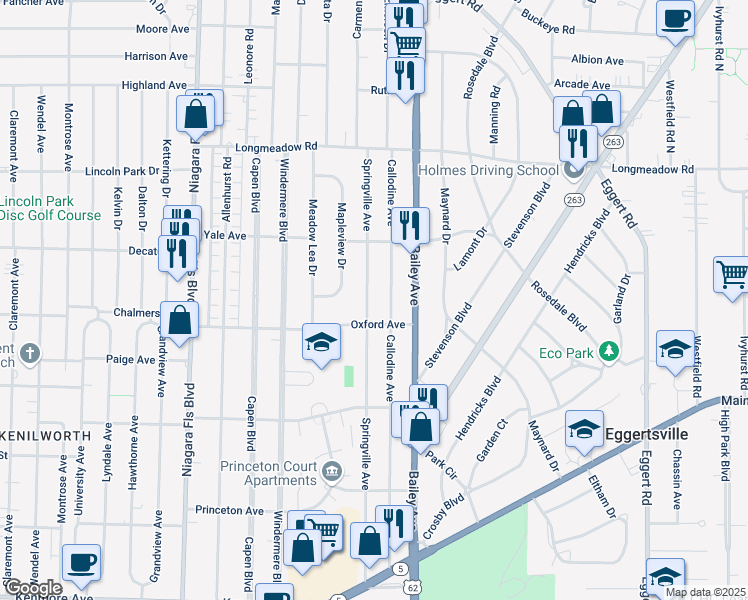 map of restaurants, bars, coffee shops, grocery stores, and more near 318 Springville Avenue in Buffalo