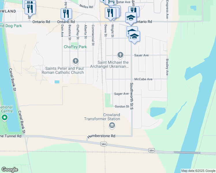 map of restaurants, bars, coffee shops, grocery stores, and more near 650 Wright Street in Welland