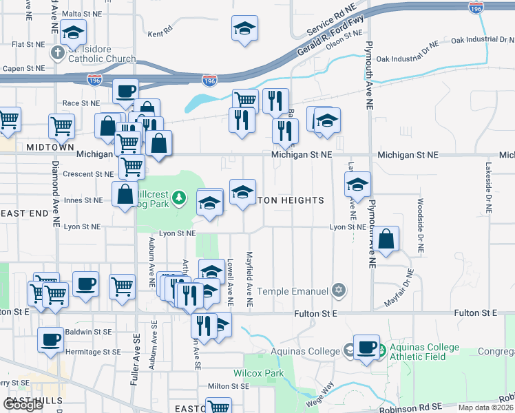 map of restaurants, bars, coffee shops, grocery stores, and more near 225 Baynton Avenue Northeast in Grand Rapids