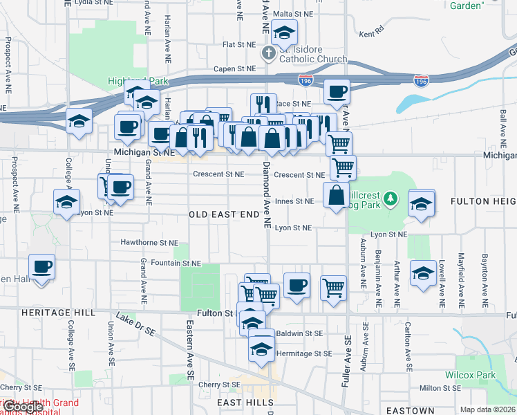 map of restaurants, bars, coffee shops, grocery stores, and more near 939 Lyon Street Northeast in Grand Rapids