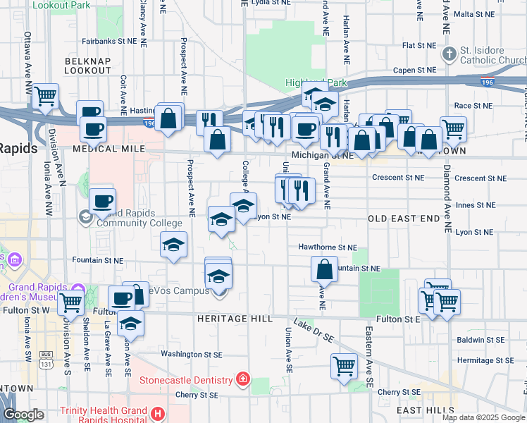 map of restaurants, bars, coffee shops, grocery stores, and more near 523 Lyon Street Northeast in Grand Rapids