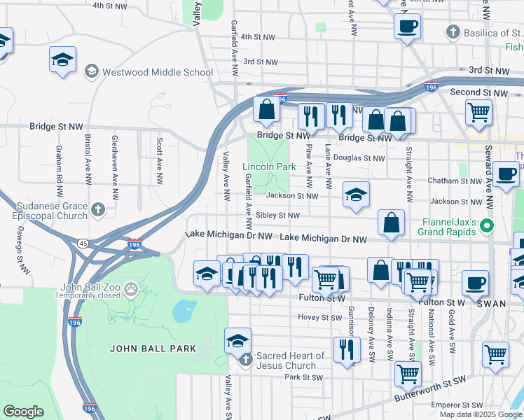map of restaurants, bars, coffee shops, grocery stores, and more near 1137 Sibley Street Northwest in Grand Rapids