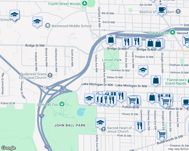 map of restaurants, bars, coffee shops, grocery stores, and more near 1253 Sibley Street Northwest in Grand Rapids