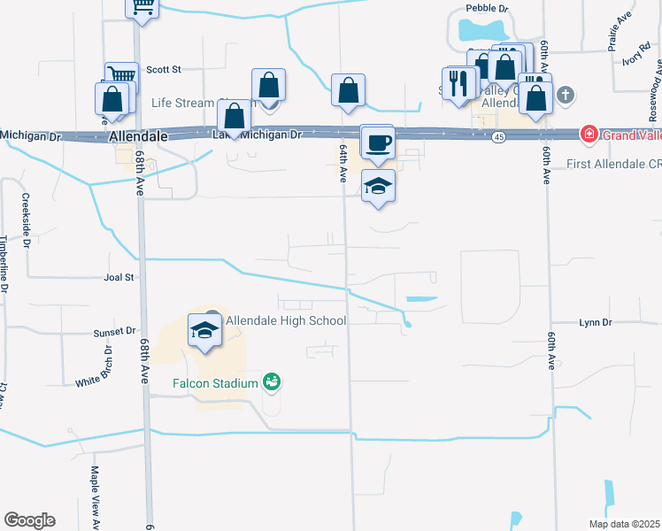 map of restaurants, bars, coffee shops, grocery stores, and more near 10920 64th Avenue in Allendale Charter Township