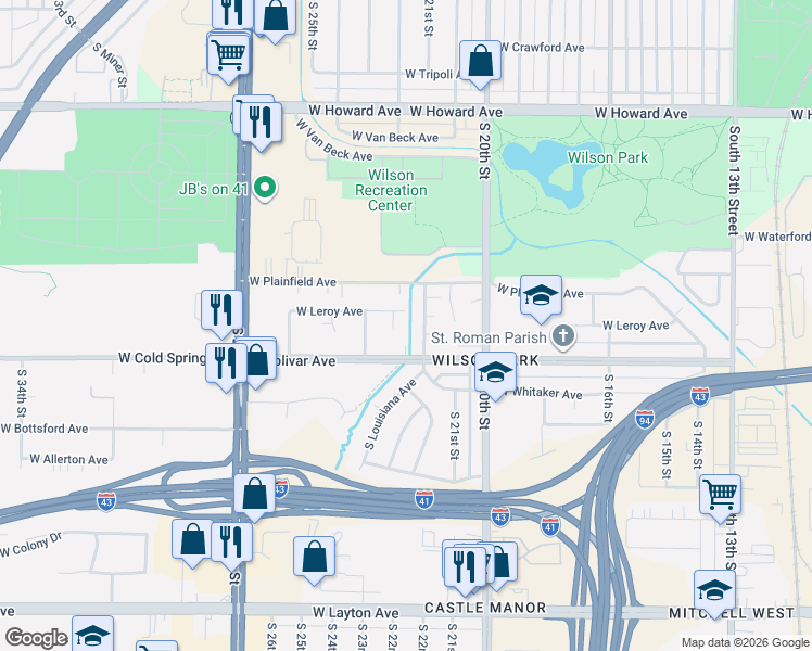 map of restaurants, bars, coffee shops, grocery stores, and more near 4256 South 22nd Court in Milwaukee
