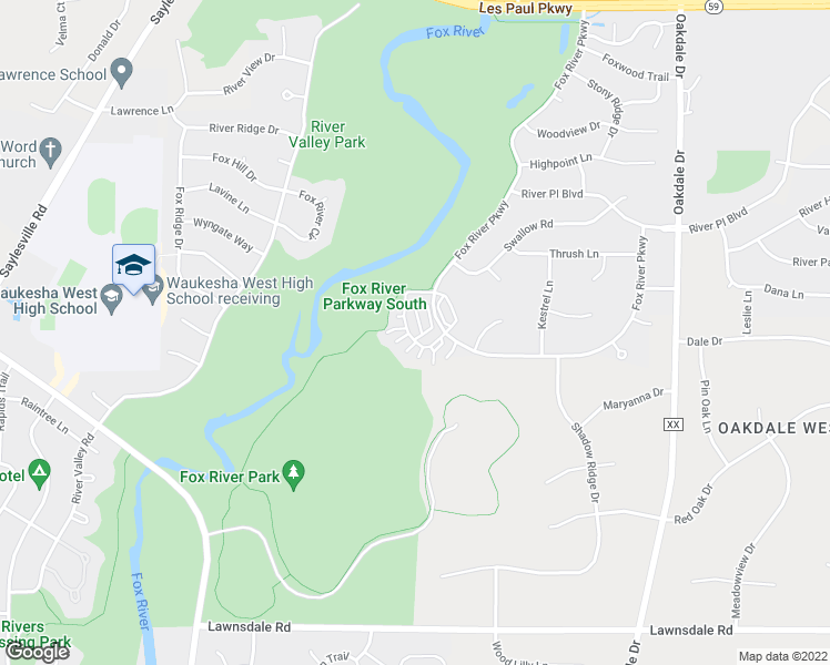 map of restaurants, bars, coffee shops, grocery stores, and more near 2424 Fox River Parkway in Waukesha