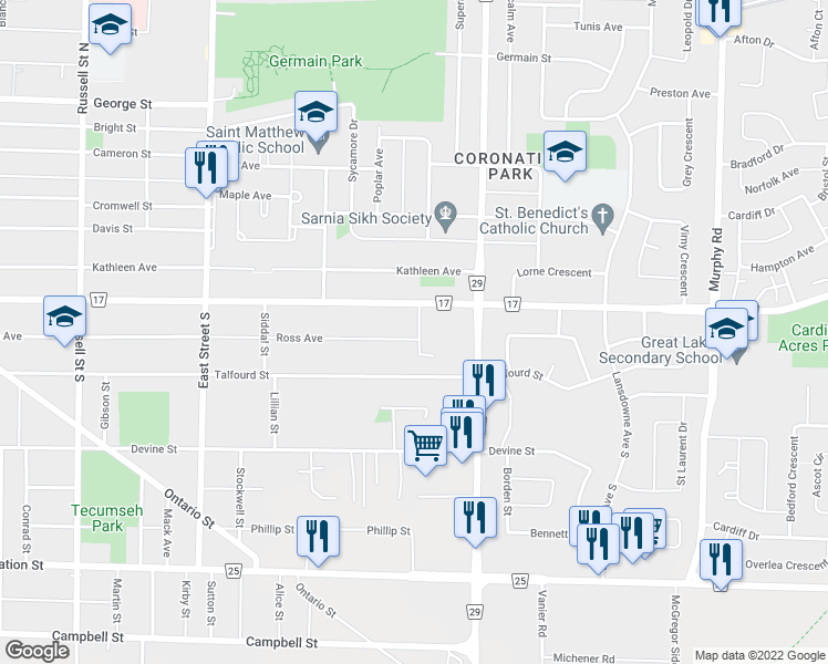 map of restaurants, bars, coffee shops, grocery stores, and more near 5 Carleton Place in Sarnia