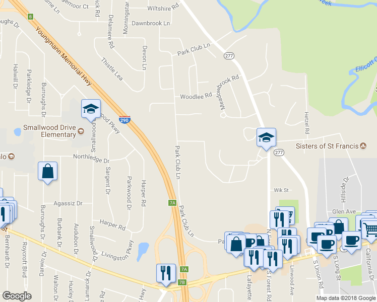 map of restaurants, bars, coffee shops, grocery stores, and more near 309 Park Club Lane in Buffalo