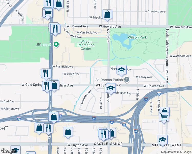 map of restaurants, bars, coffee shops, grocery stores, and more near 4255 South 21st Court in Milwaukee