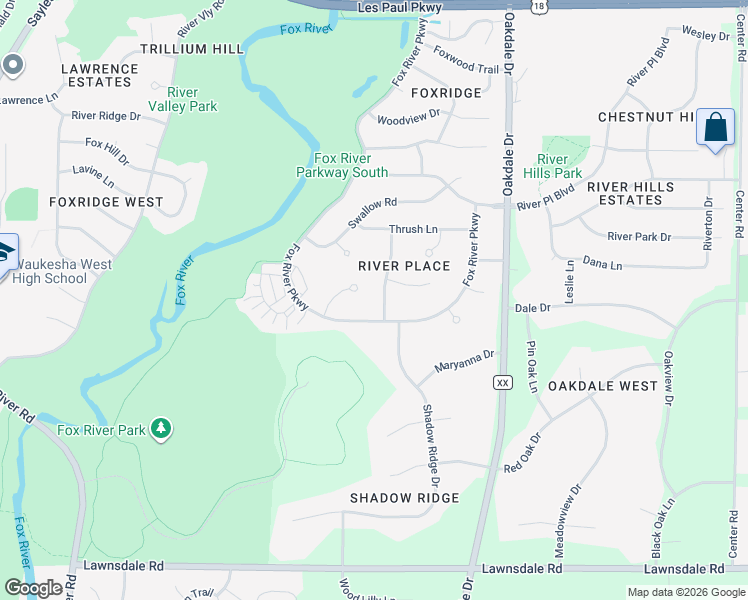 map of restaurants, bars, coffee shops, grocery stores, and more near 2412 Kestrel Lane in Waukesha