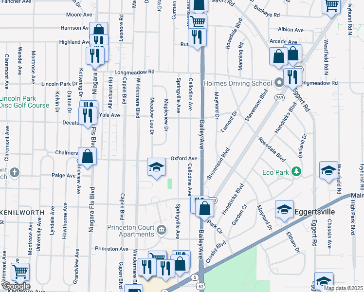 map of restaurants, bars, coffee shops, grocery stores, and more near 318 Springville Avenue in Buffalo