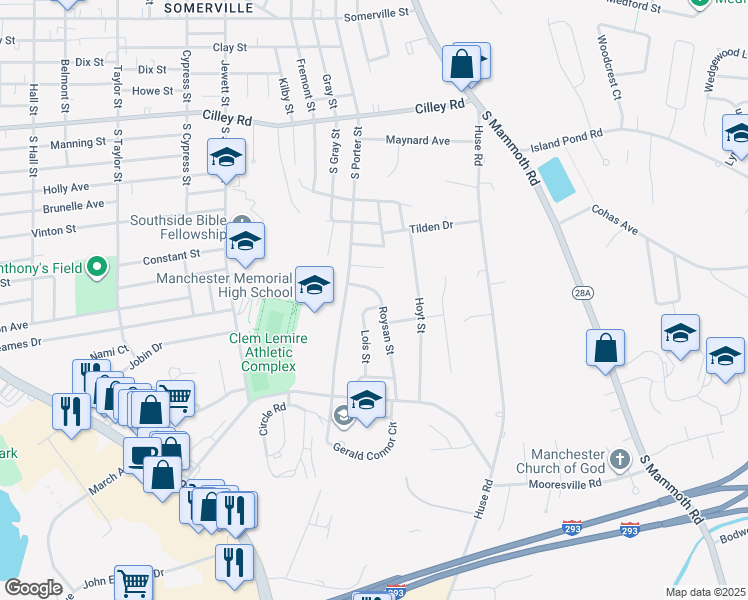 map of restaurants, bars, coffee shops, grocery stores, and more near 63 Roysan Street in Manchester