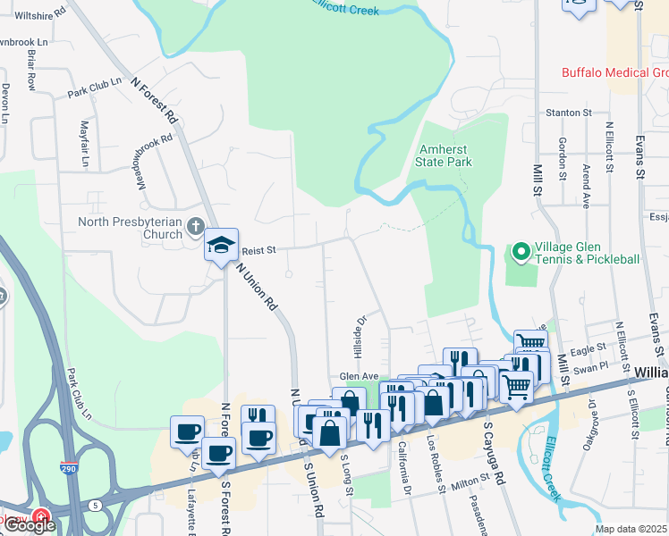 map of restaurants, bars, coffee shops, grocery stores, and more near 217 North Long Street in Buffalo
