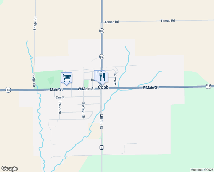 map of restaurants, bars, coffee shops, grocery stores, and more near 110 East Main Street in Cobb