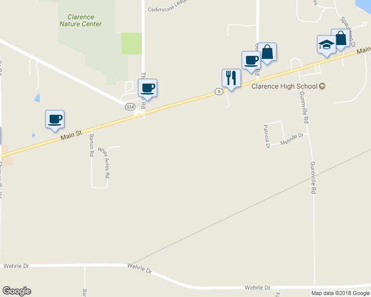 map of restaurants, bars, coffee shops, grocery stores, and more near 9315 Main Street in Clarence