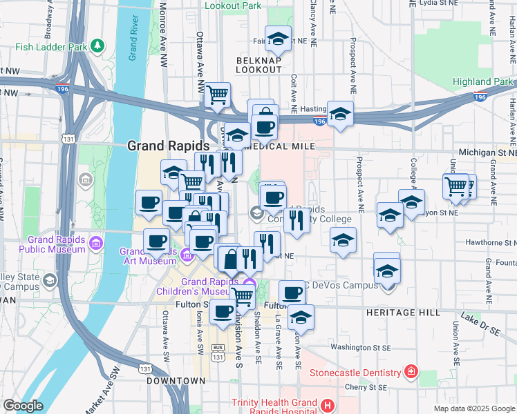 map of restaurants, bars, coffee shops, grocery stores, and more near 211 Bostwick Avenue Northeast in Grand Rapids