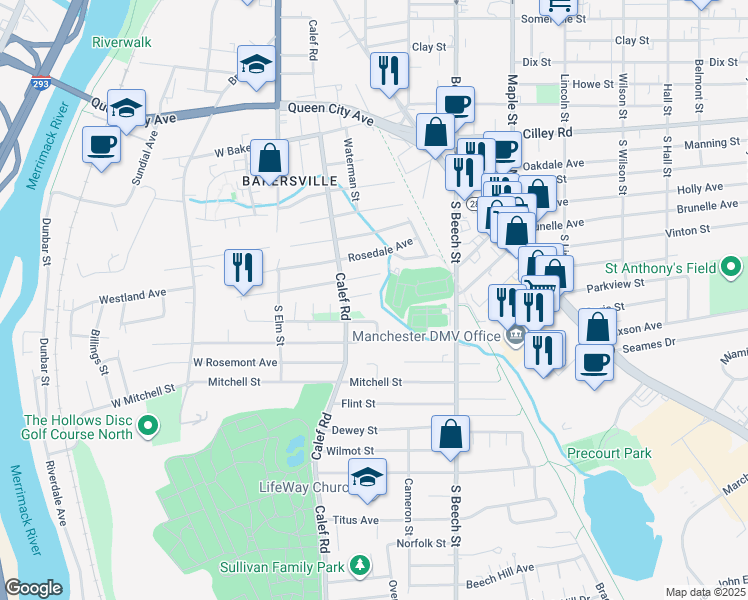 map of restaurants, bars, coffee shops, grocery stores, and more near 51 Edgemere Avenue in Manchester