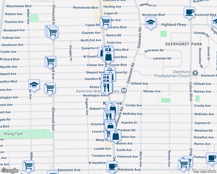 map of restaurants, bars, coffee shops, grocery stores, and more near Delaware Avenue & Kinsey Avenue in Buffalo