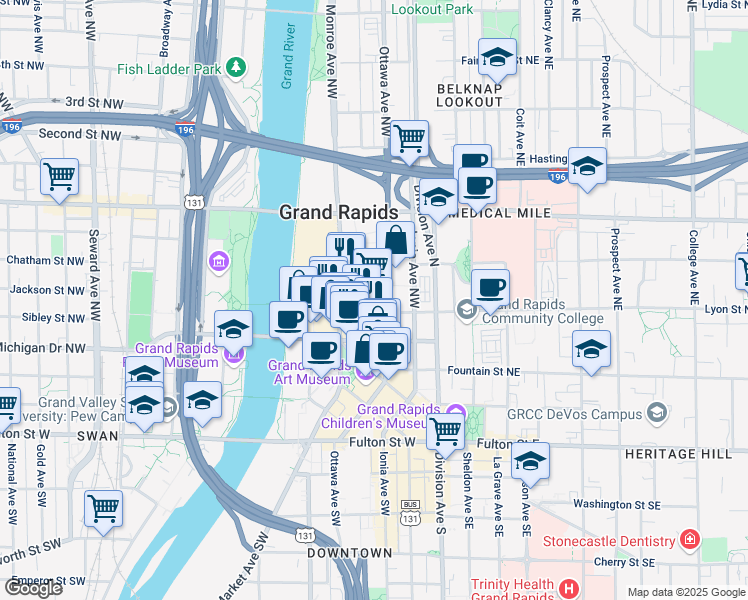 map of restaurants, bars, coffee shops, grocery stores, and more near 111 Lyon Street Northwest in Grand Rapids