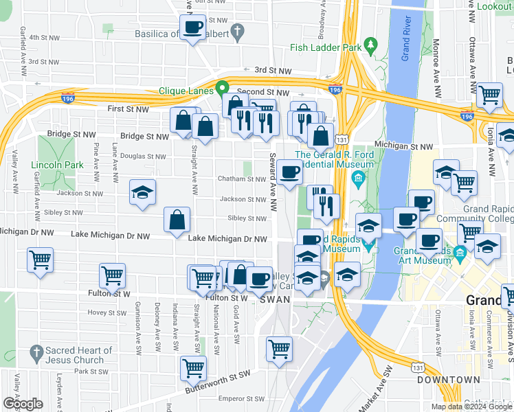 map of restaurants, bars, coffee shops, grocery stores, and more near 216 Lexington Avenue Northwest in Grand Rapids