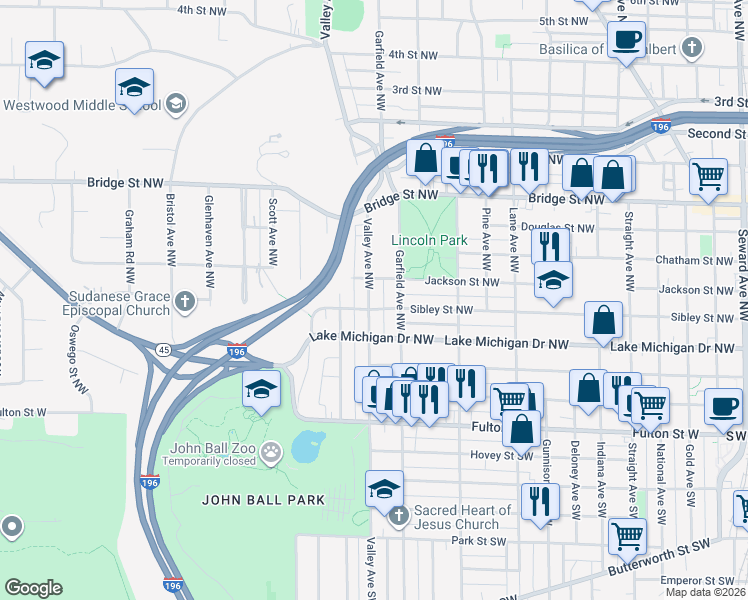 map of restaurants, bars, coffee shops, grocery stores, and more near 206 Valley Avenue Northwest in Grand Rapids