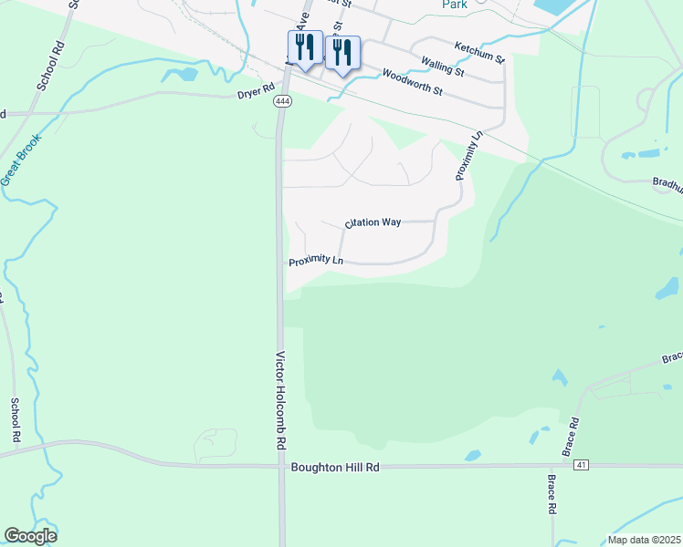 map of restaurants, bars, coffee shops, grocery stores, and more near 6943 Proximity Ln in Victor