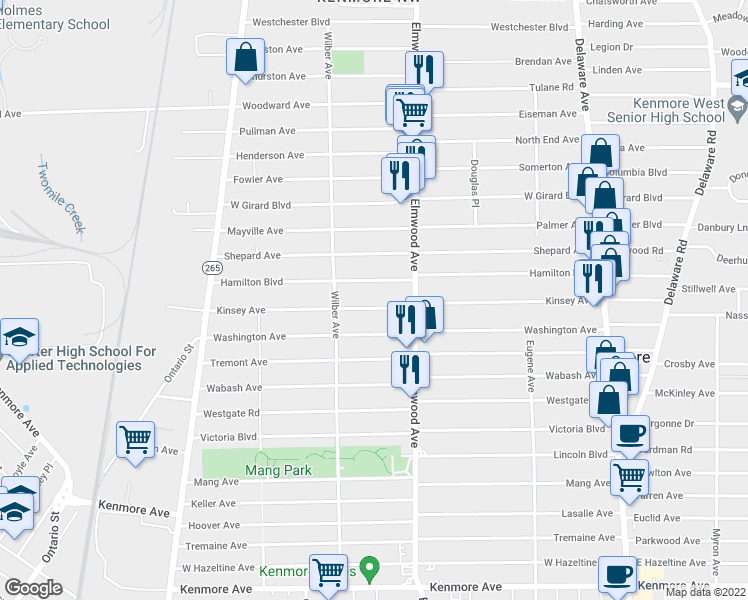 map of restaurants, bars, coffee shops, grocery stores, and more near 257 Kinsey Avenue in Buffalo