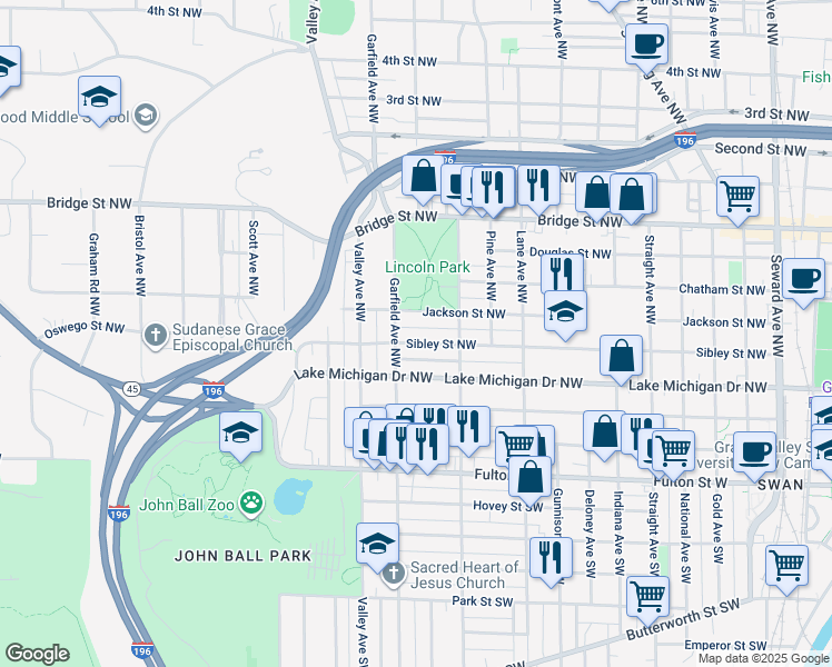 map of restaurants, bars, coffee shops, grocery stores, and more near 1141 Sibley Street Northwest in Grand Rapids
