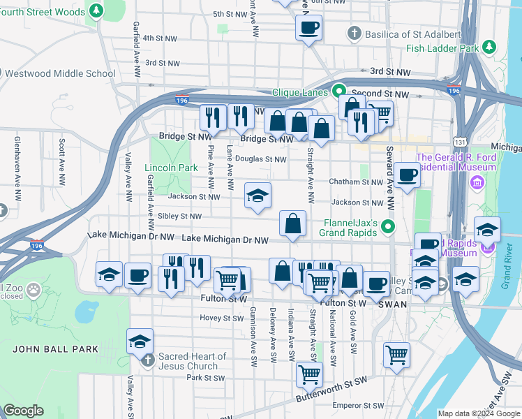 map of restaurants, bars, coffee shops, grocery stores, and more near 943 Sibley Street Northwest in Grand Rapids