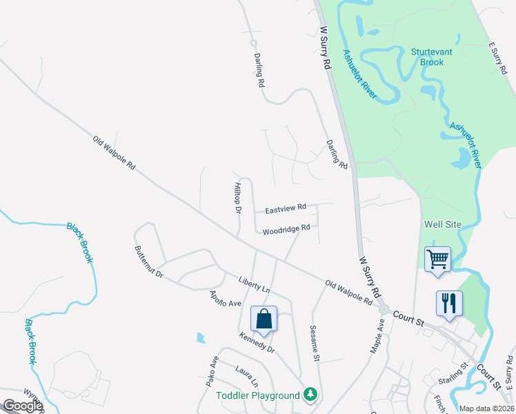 map of restaurants, bars, coffee shops, grocery stores, and more near 17 Hilltop Drive in Keene