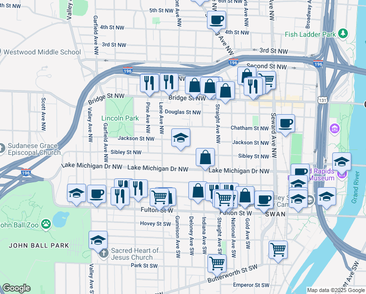 map of restaurants, bars, coffee shops, grocery stores, and more near 943 Sibley Street Northwest in Grand Rapids