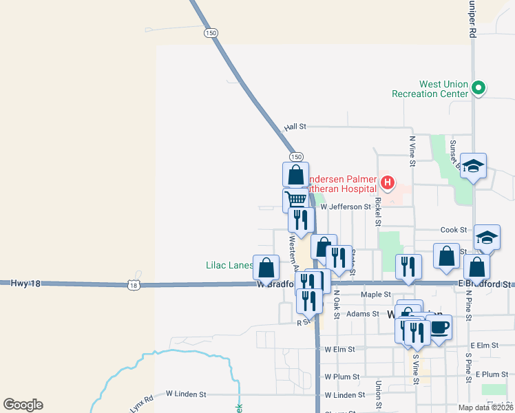 map of restaurants, bars, coffee shops, grocery stores, and more near 799 West Jefferson Street in West Union