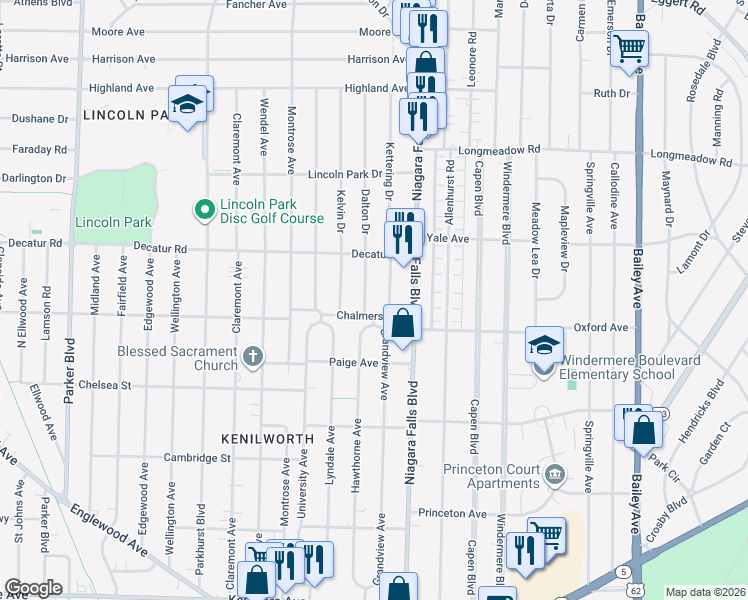 map of restaurants, bars, coffee shops, grocery stores, and more near 16 Kettering Drive in Buffalo