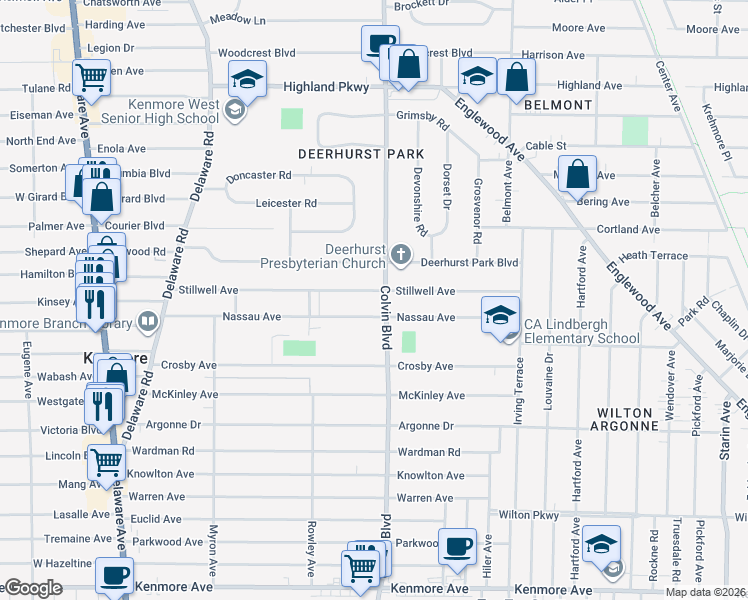 map of restaurants, bars, coffee shops, grocery stores, and more near 216 Nassau Avenue in Buffalo