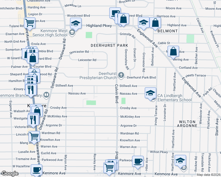 map of restaurants, bars, coffee shops, grocery stores, and more near 216 Nassau Avenue in Buffalo