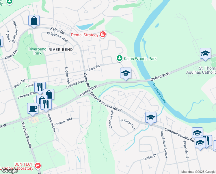 map of restaurants, bars, coffee shops, grocery stores, and more near 1750 Oxford Street West in London