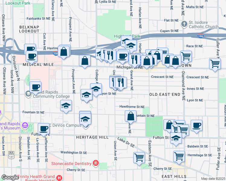 map of restaurants, bars, coffee shops, grocery stores, and more near 200 Union Avenue Northeast in Grand Rapids