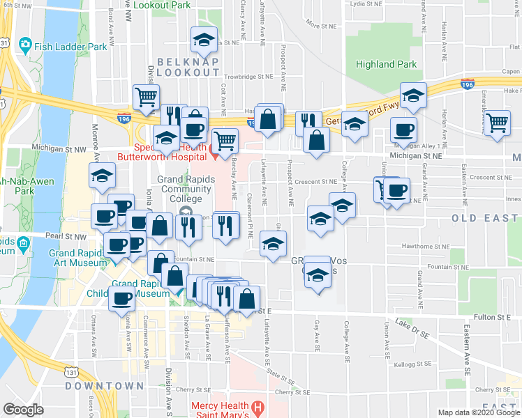 map of restaurants, bars, coffee shops, grocery stores, and more near 201 Lafayette Avenue Northeast in Grand Rapids