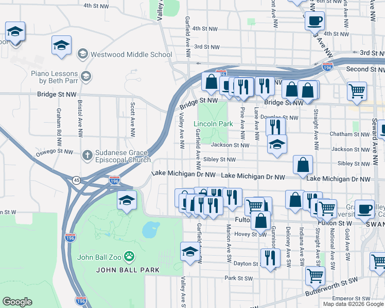 map of restaurants, bars, coffee shops, grocery stores, and more near 1211 Sibley Street Northwest in Grand Rapids