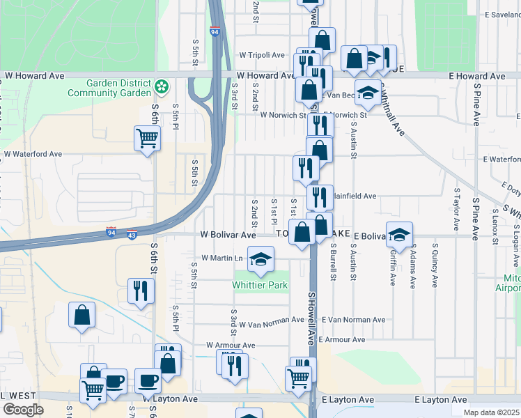 map of restaurants, bars, coffee shops, grocery stores, and more near 4239 South 2nd Street in Milwaukee