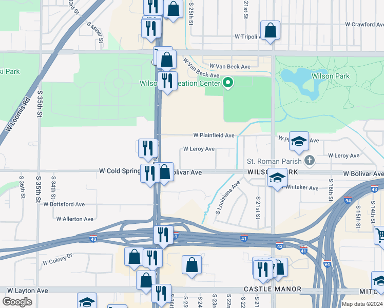 map of restaurants, bars, coffee shops, grocery stores, and more near 4261 South 24th Court in Milwaukee