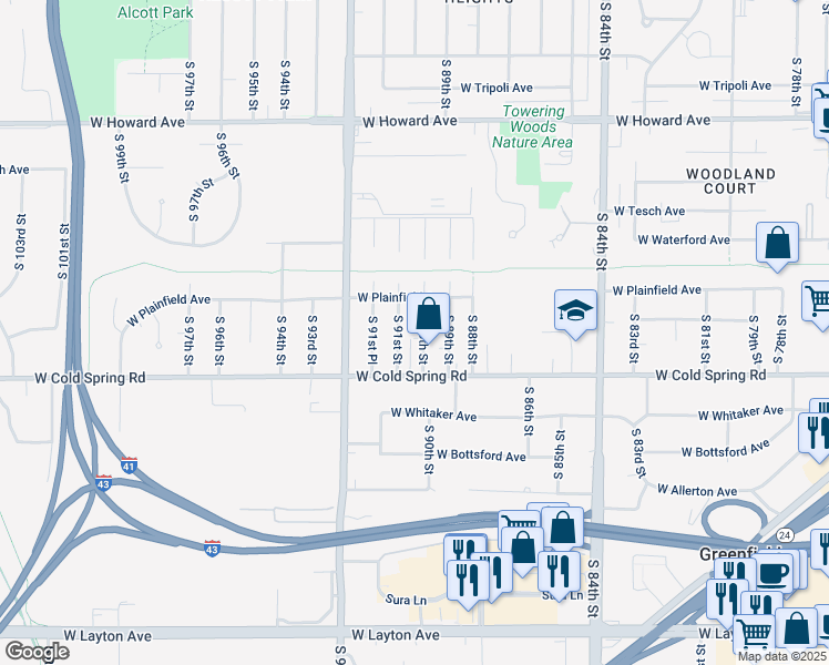 map of restaurants, bars, coffee shops, grocery stores, and more near 4262 South 90th Street in Greenfield