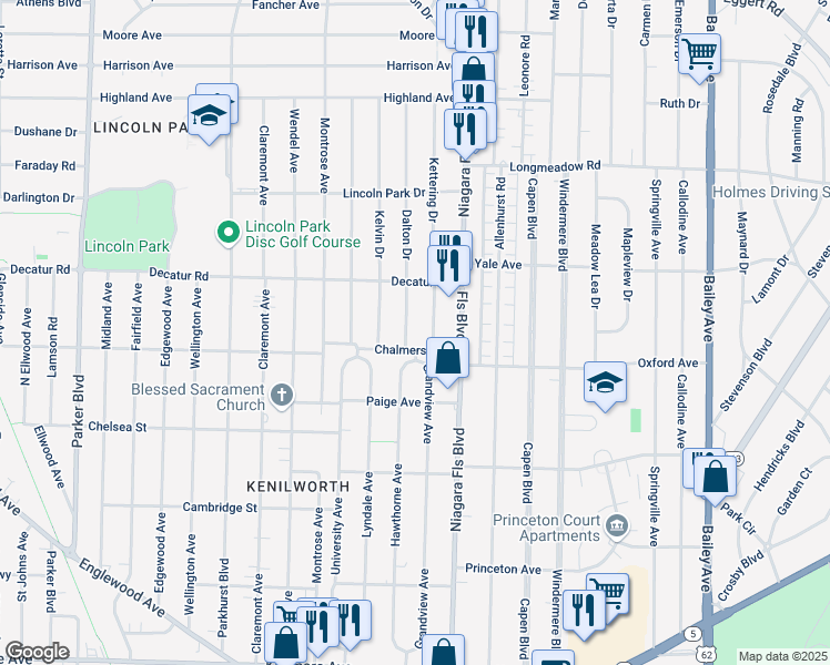 map of restaurants, bars, coffee shops, grocery stores, and more near 16 Kettering Drive in Buffalo
