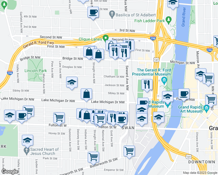 map of restaurants, bars, coffee shops, grocery stores, and more near 221 Gold Avenue Northwest in Grand Rapids